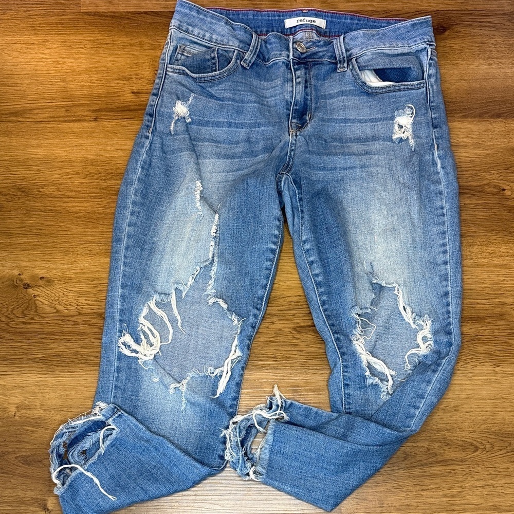 Refuge Crop Jeans Ripped Distressed Grunge Whisker Faded Stretch Baggy Womens 8